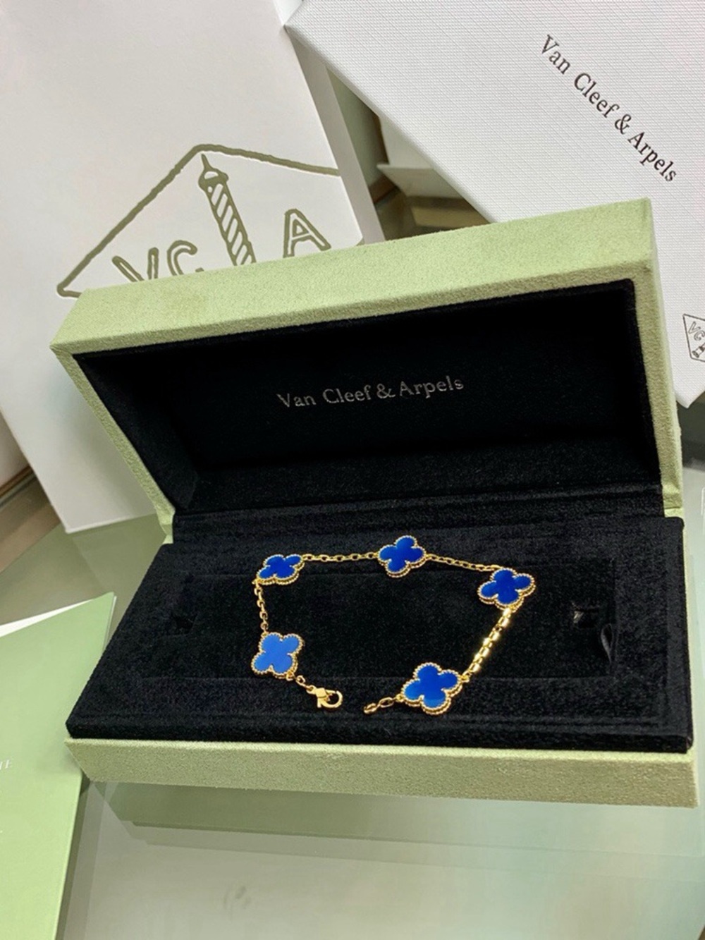 💙VCA Van Cleef & Arpels Blue 5 Motifs Clover Bracelet Gold Tone
